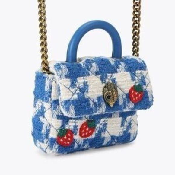Kurt Geiger Mini Handle Kensington Bag Blue Tweed Plaid Strawberry Print Kawaii - Picture 2 of 14